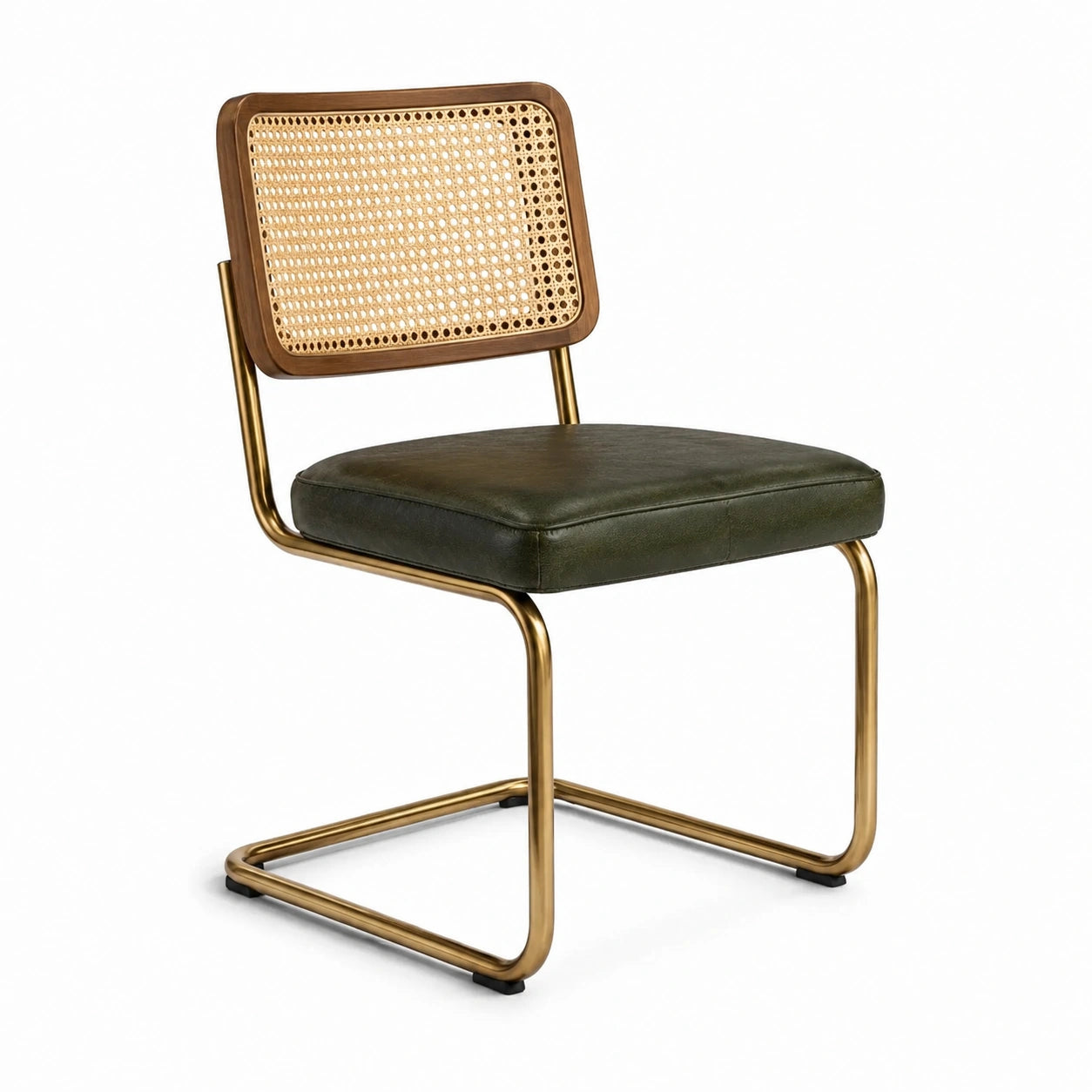 Sedia da pranzo in pelle PU verde con struttura in metallo dorato e schienale in rattan