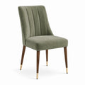 Sedia in velluto verde oliva con gambe in legno e dettagli in metallo