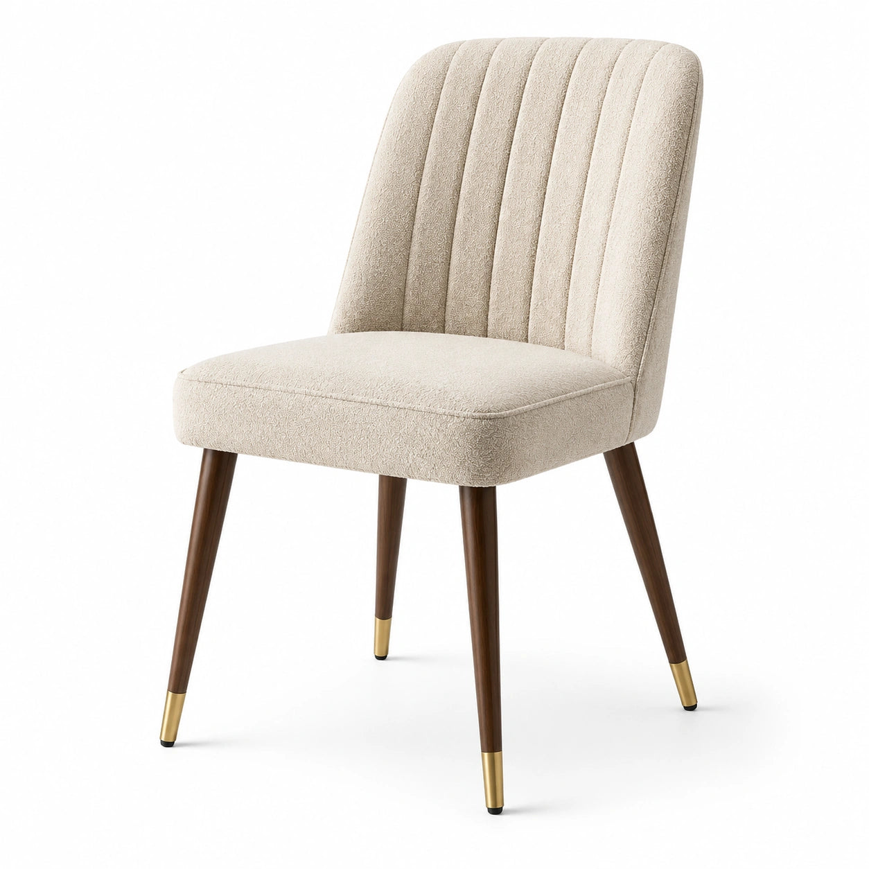 Sedia in tessuto beige con gambe in legno e ottone