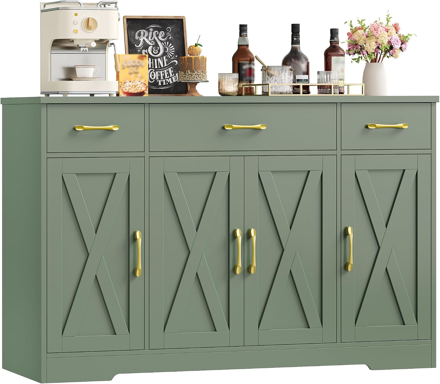 Credenza, 140 cm Cucina, Mobile Cucina con 3 Cassetti e 4 Armadi, Mobile per Cucina Ingresso Foyer, Buffet Mobile Moderno, Soggiorno, Verde, HOCSOK
