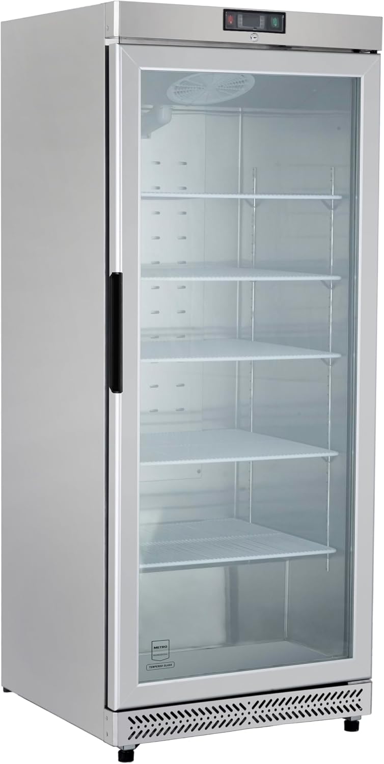 METRO Professional GFR6600SG Armadio, 380 L, 5 Ripiani, 2 Ruote, Congelatore con Porta in Vetro, Illuminazione LED, Serratura, Argento