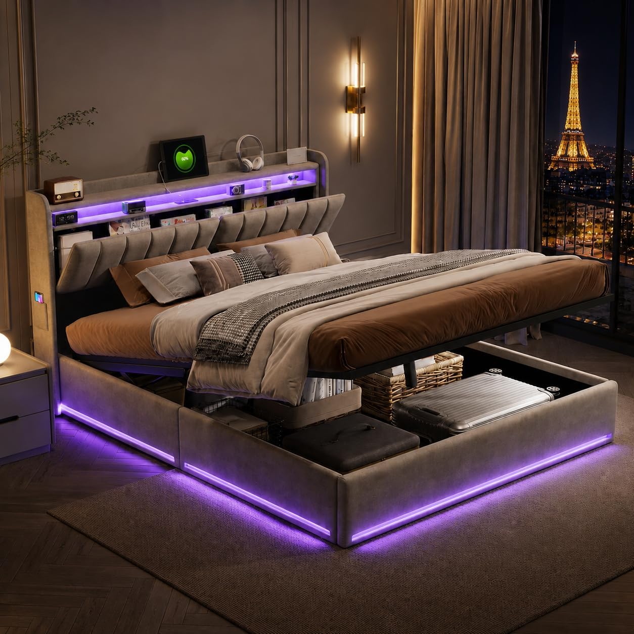 Letti, letto matrimoniale con illuminazione a LED e presa USB, Velluto, testiera con vano portaoggetti, Contenitore con rete a doghe, LIVLUX
