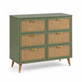 Cassettiera in legno e rattan verde chiaro 6 cassetti