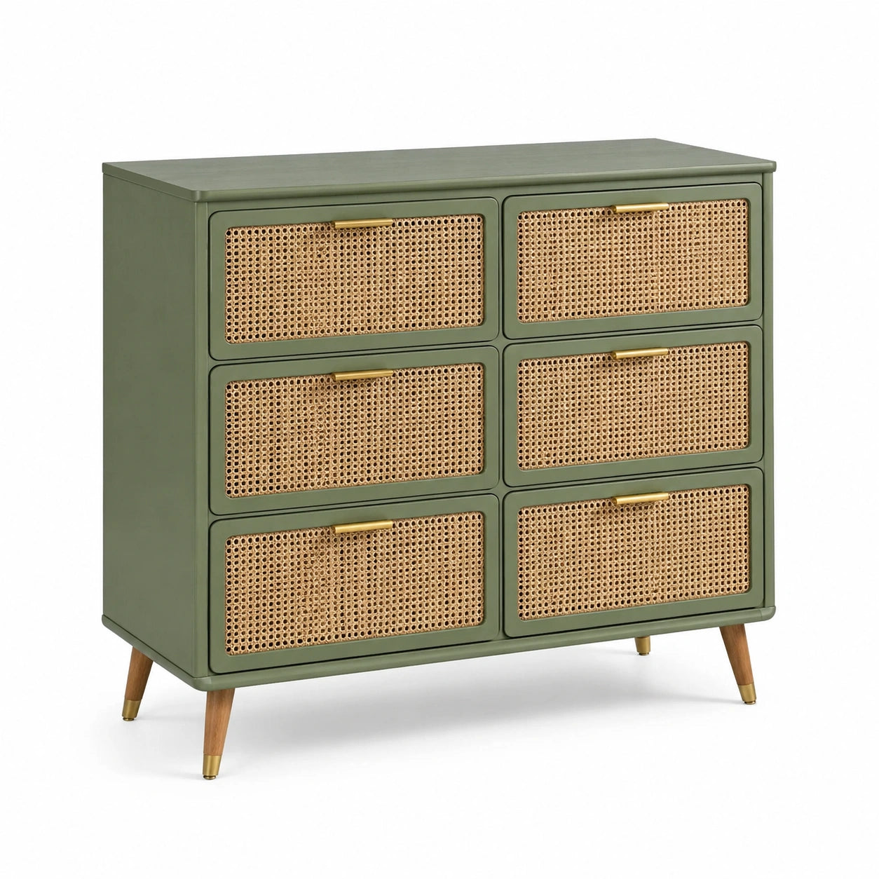 Cassettiera in legno e rattan verde chiaro 6 cassetti