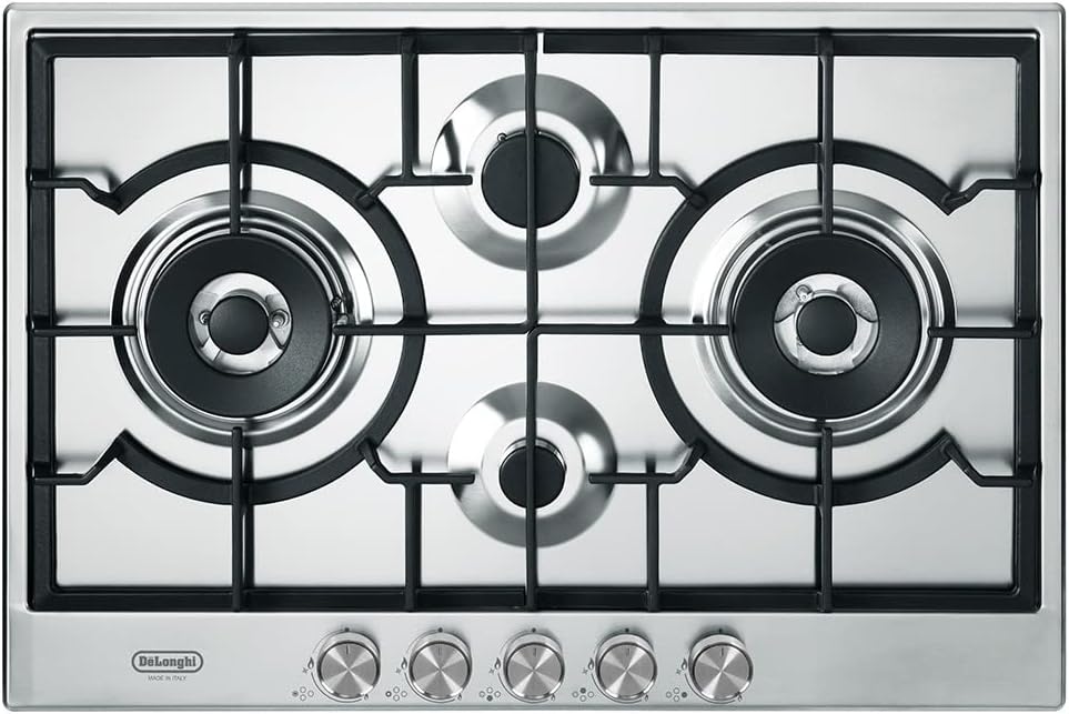 De'Longhi NSL475X Piano cottura, DELONGHI 75 cm 4 FUOCHI DOPPIA CORONA GRIGLIE GHISA INOX NSL 475 X