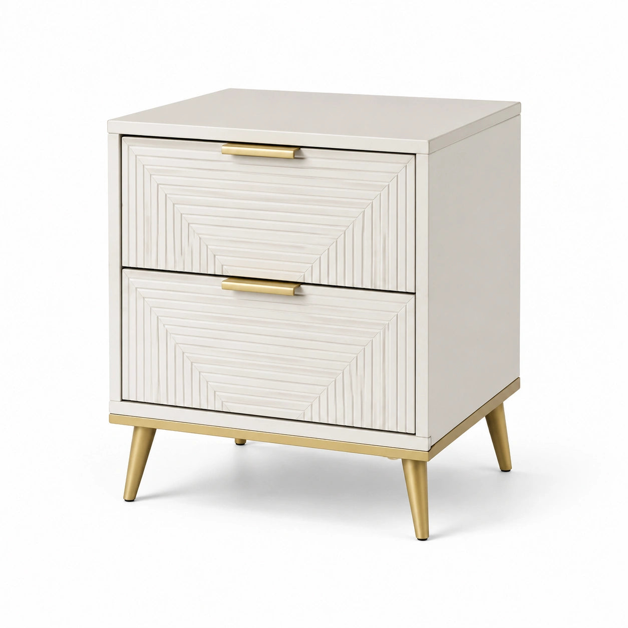Comodino in MDF e metallo bianco e oro con due cassetti 45x35x60 cm