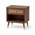 Comodino rettangolare in legno e rattan con dettagli in ottone