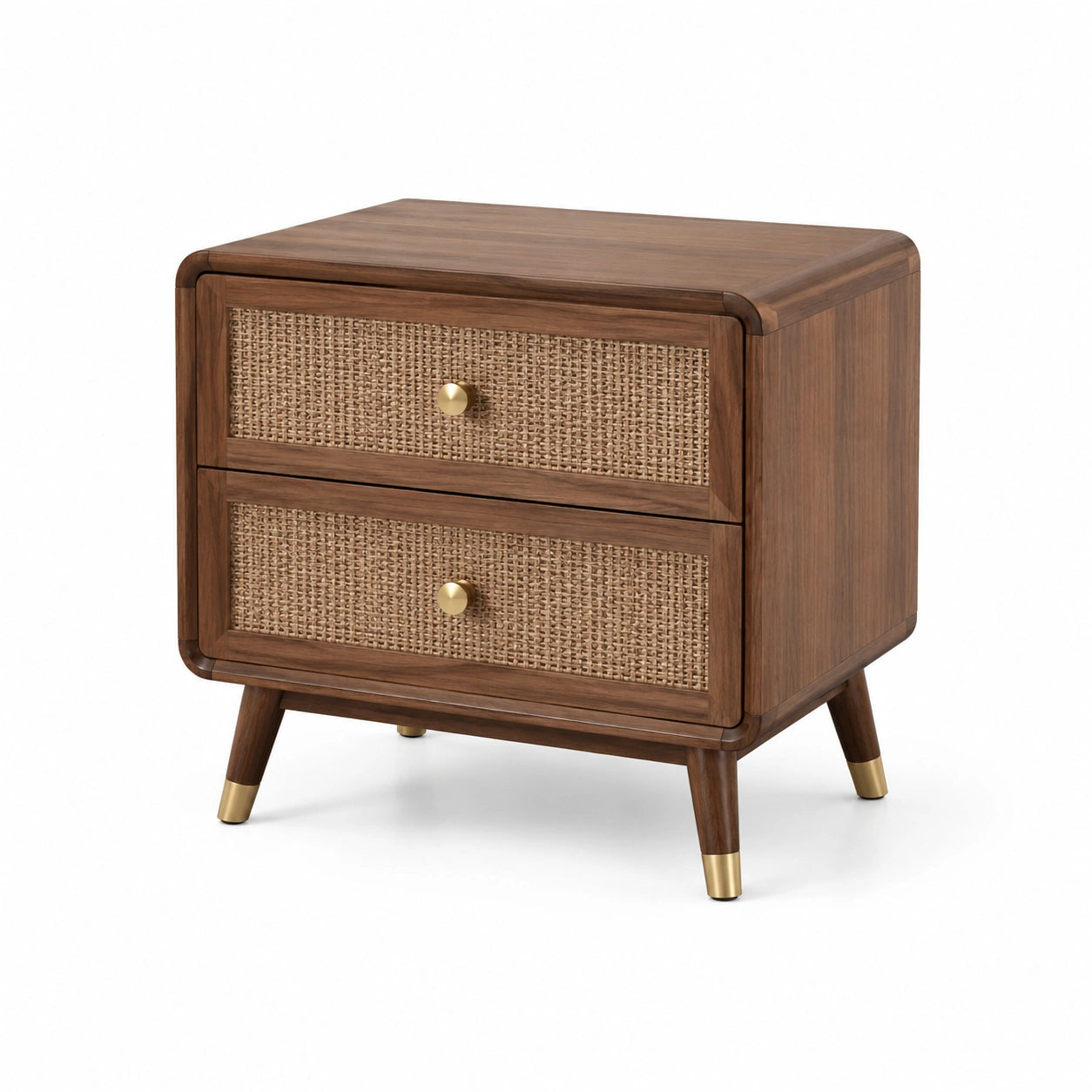 Comodino in legno e rattan con dettagli in ottone