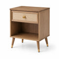 Comodino in legno di quercia con cassetto in rattan