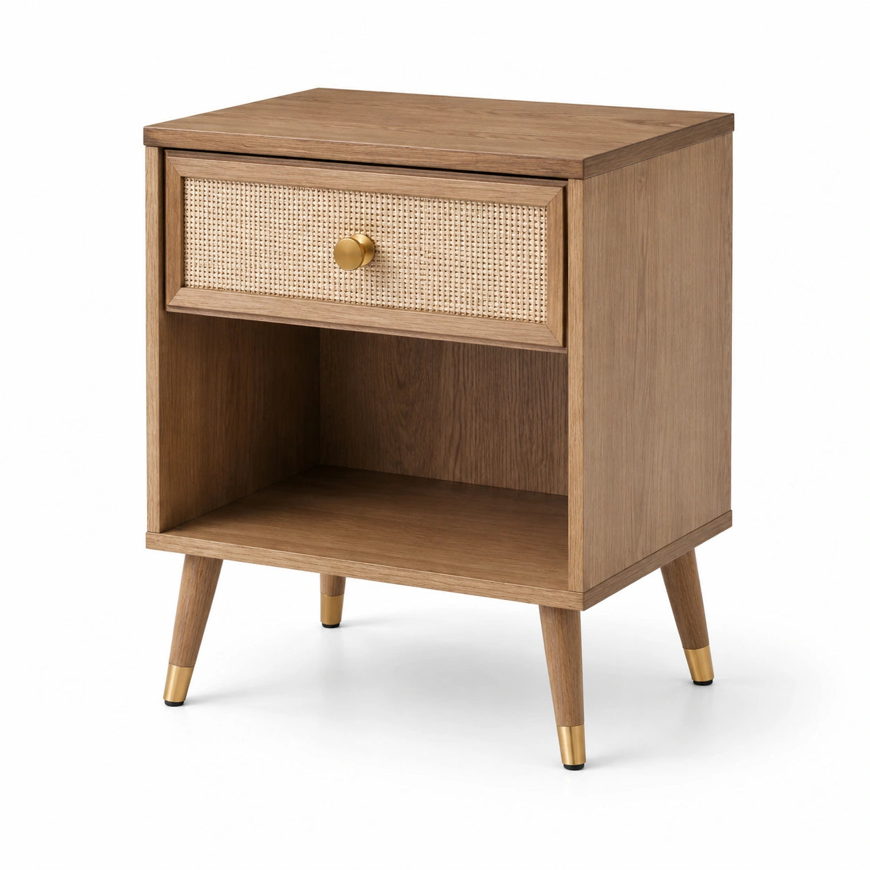Comodino in legno di quercia con cassetto in rattan
