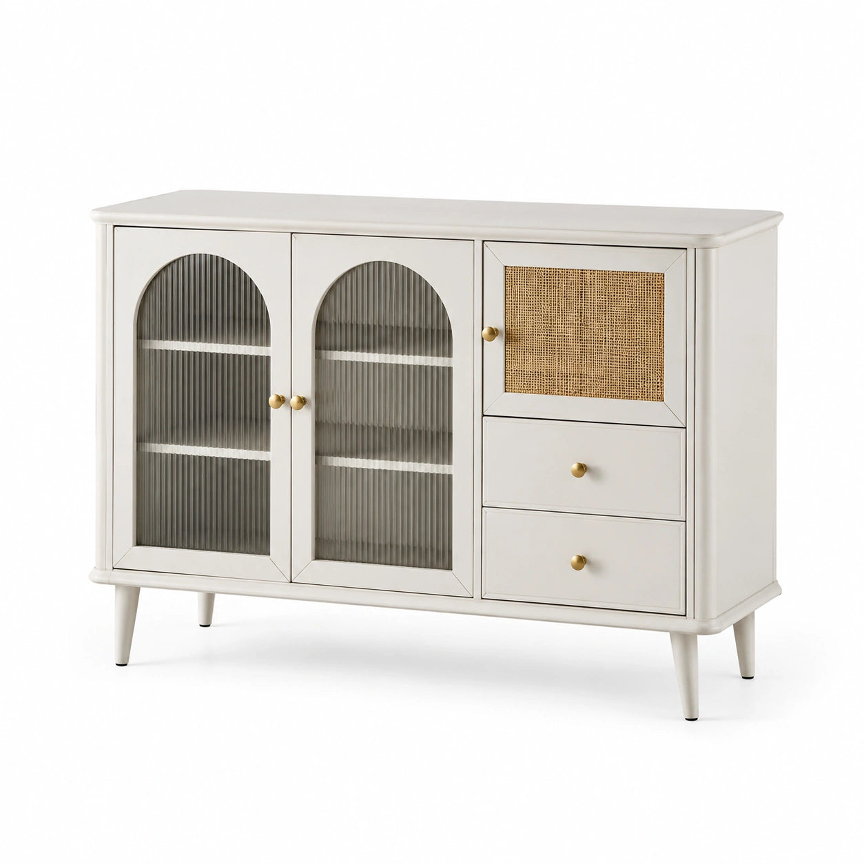 Credenza in legno con ante in vetro temperato e rattan 120x40x85 cm