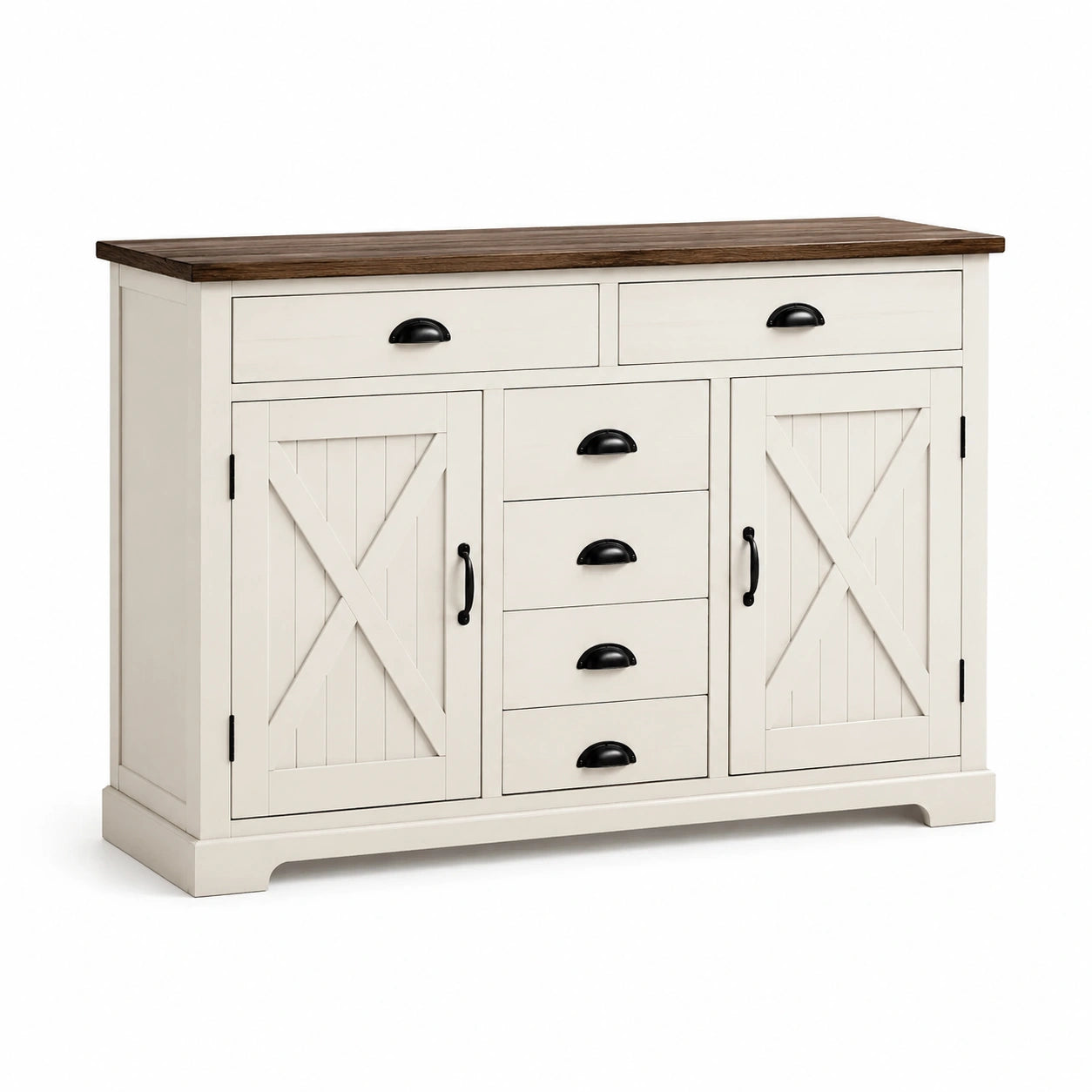 Credenza in legno con 5 cassetti e 2 ante, bianco crema e marrone