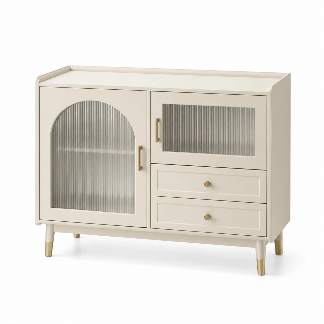 Credenza in legno con ante in vetro temperato rigato e cassetti