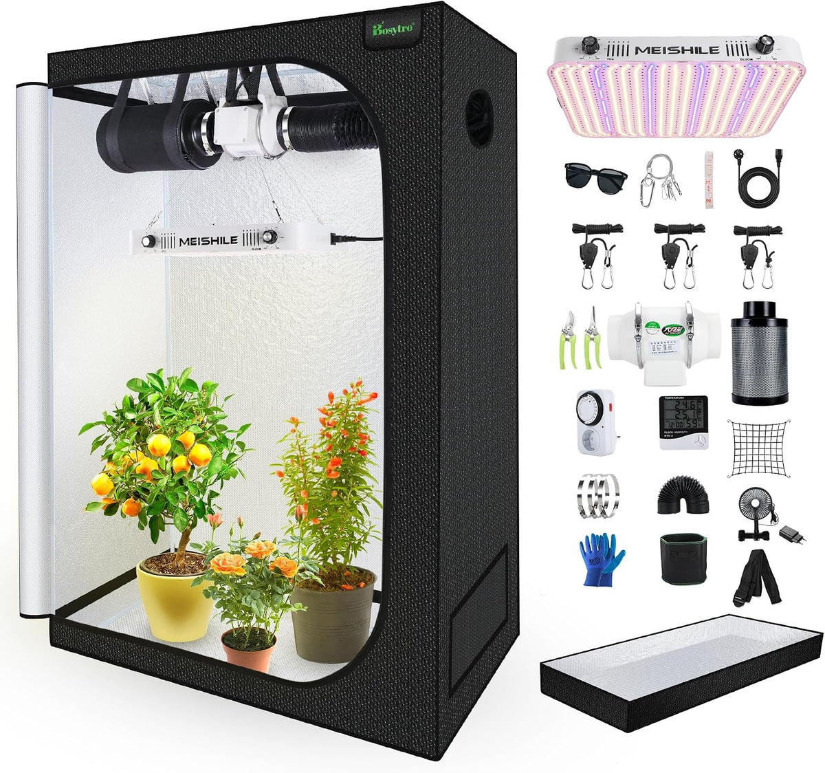 BOSYTRO 600D Tende idroponiche, Tenda da Crescita, Luce per Piante da 200 W, Grow Box Kit Completo