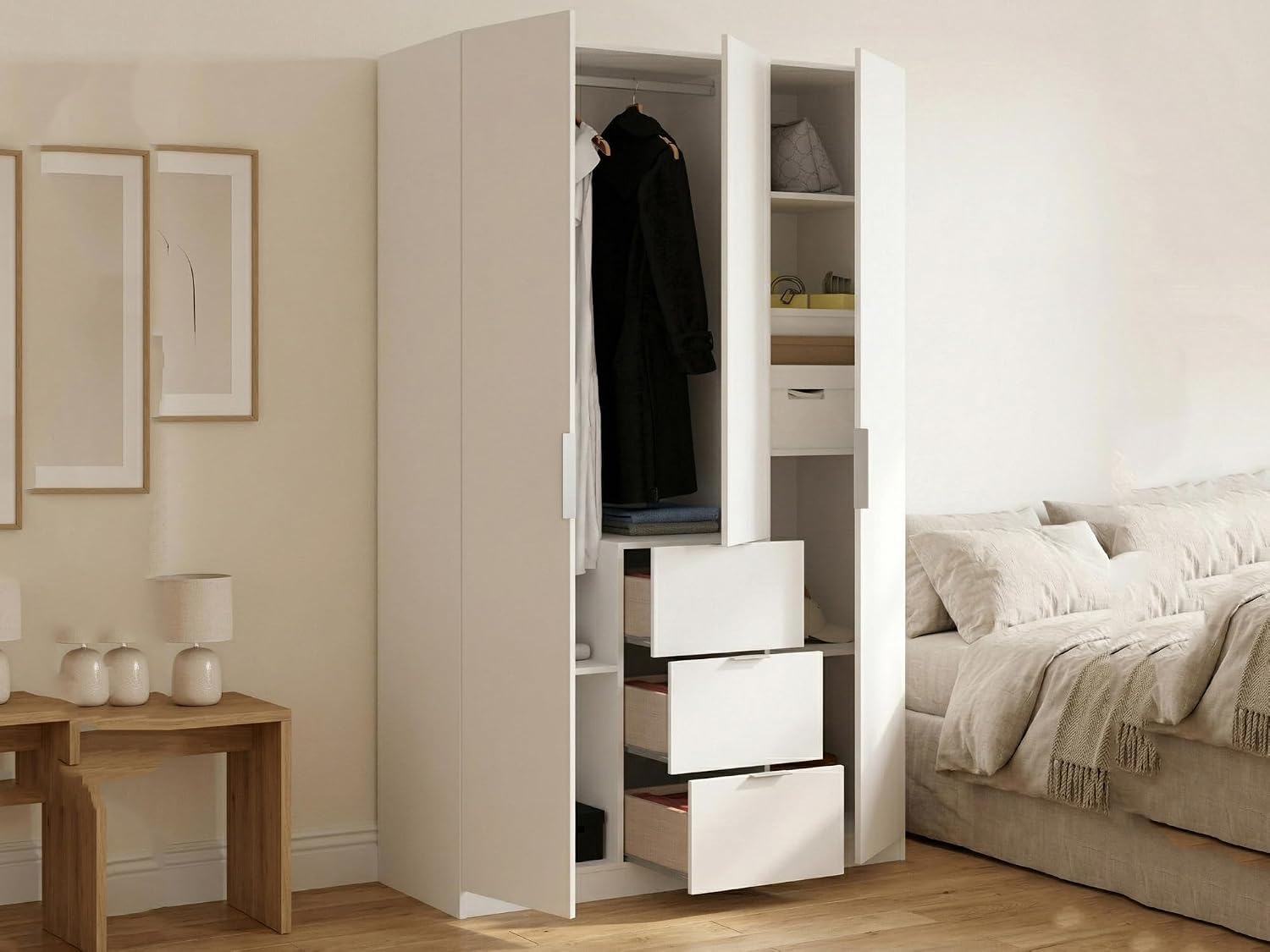 Armadio, Mobile appendiabiti per camera da letto, a 3 ante battenti e 3 cassetti, 135x52h204 cm, Guardaroba Falterona, Bianco, Dmora