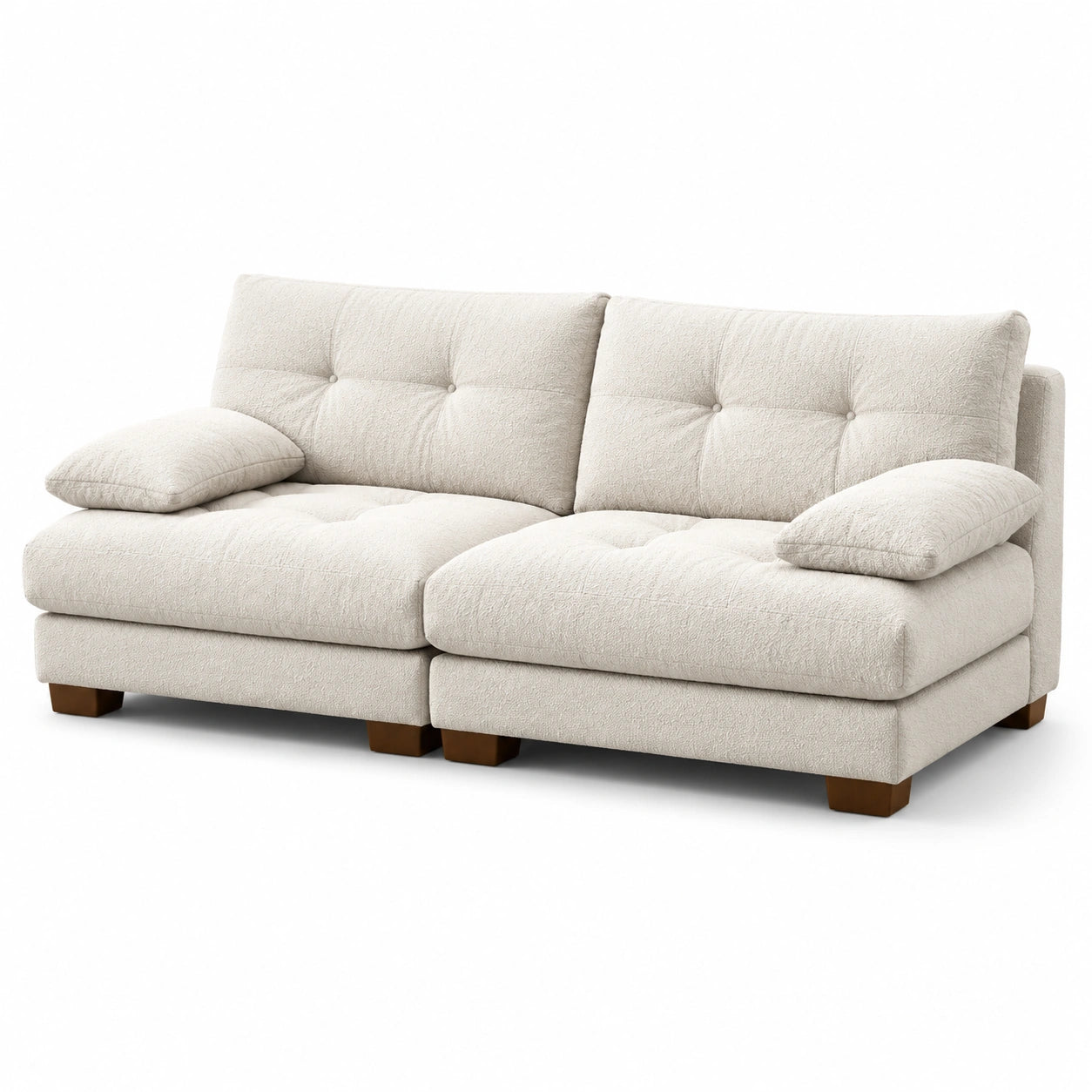 Divano modulare a due posti in tessuto beige con gambe in legno
