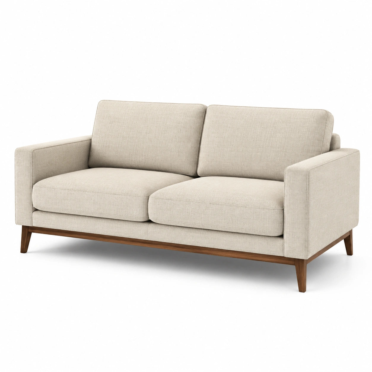 Divano due posti in tessuto beige con base in legno