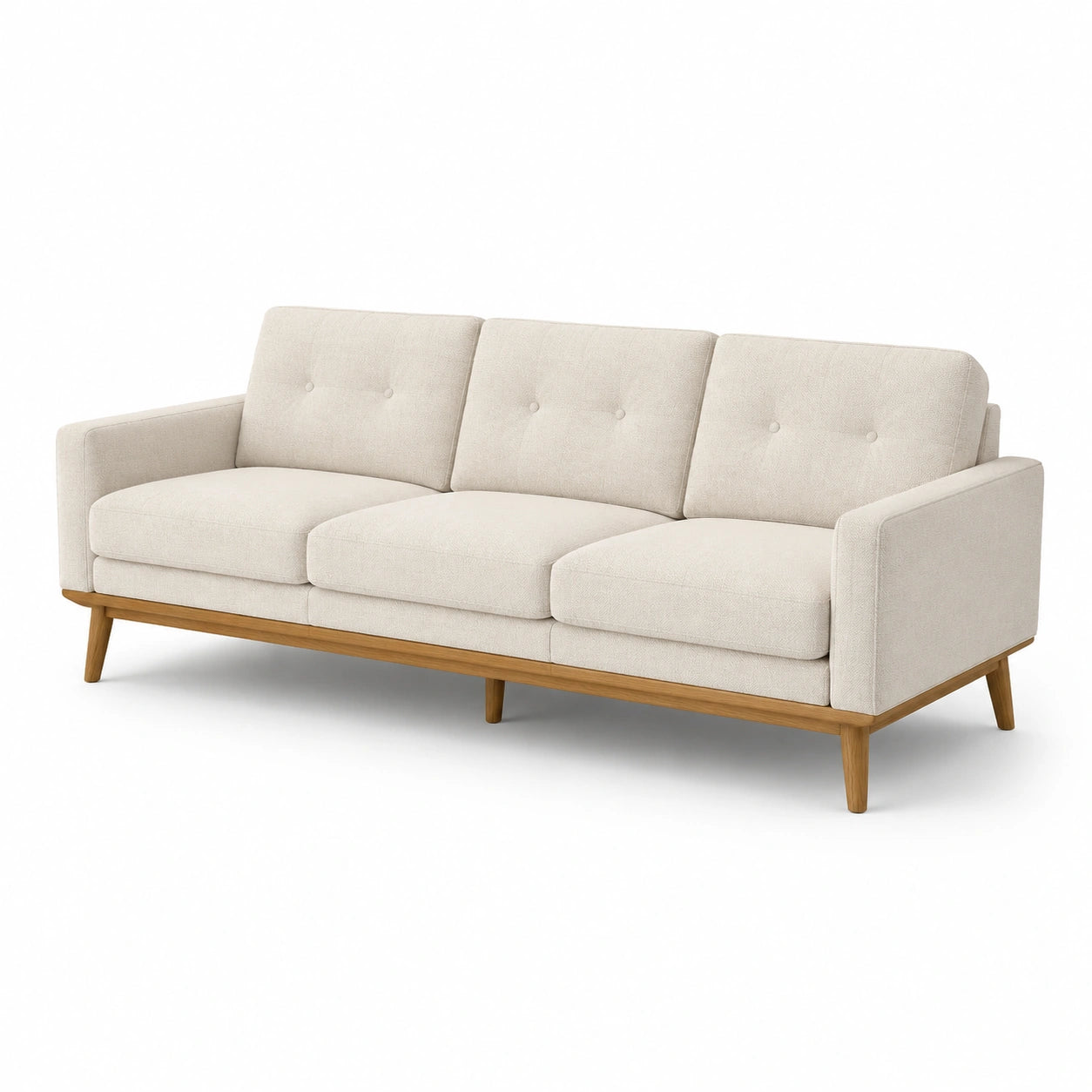 Divano beige a tre posti in tessuto con struttura in legno