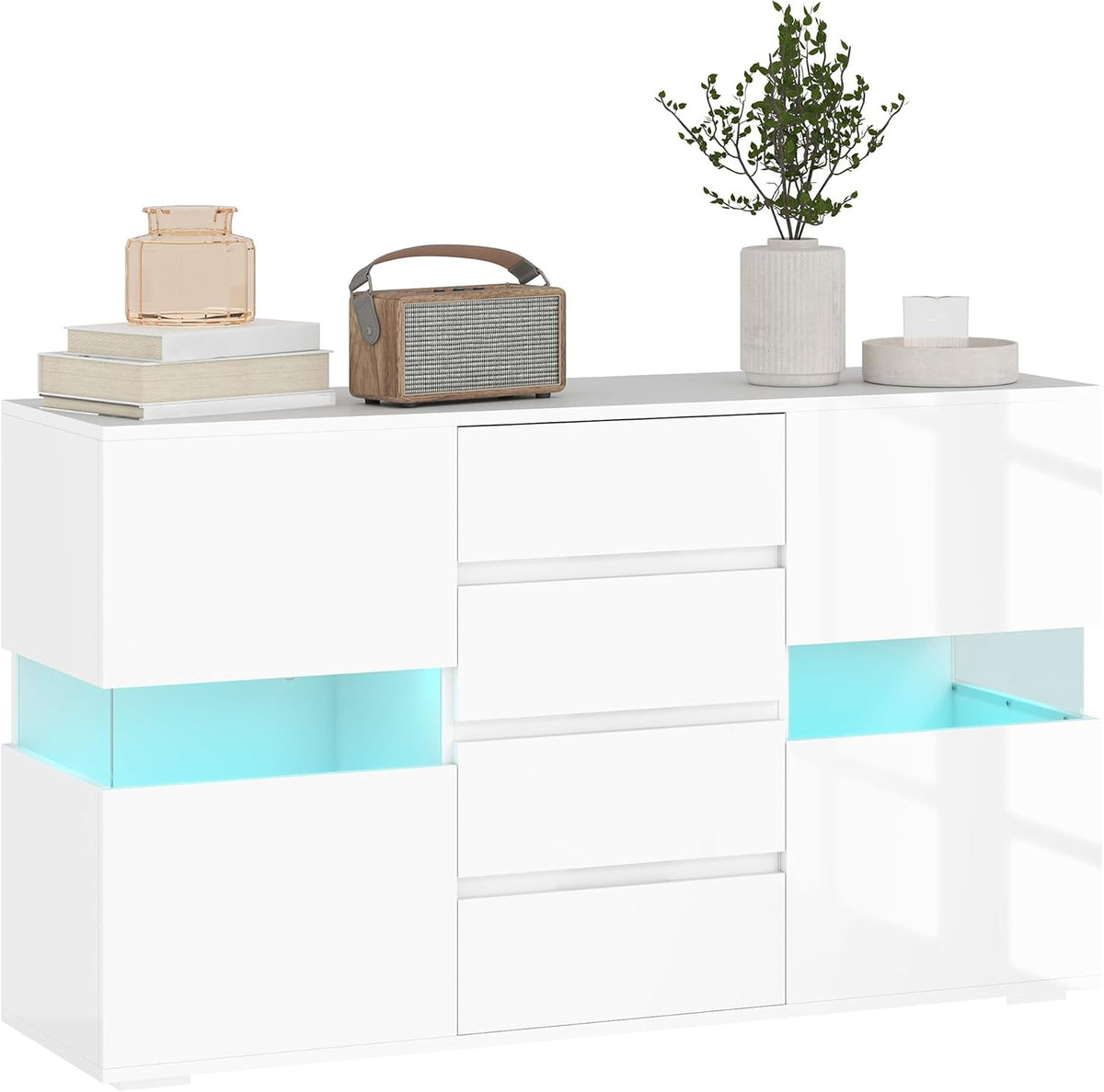 Credenza, Mobile da Salotto con 4 Cassetti e 2 Armadietti, 120x34x70 cm, Moderna con Luce LED Regolabile con Telecomando, Bianco, HOMCOM