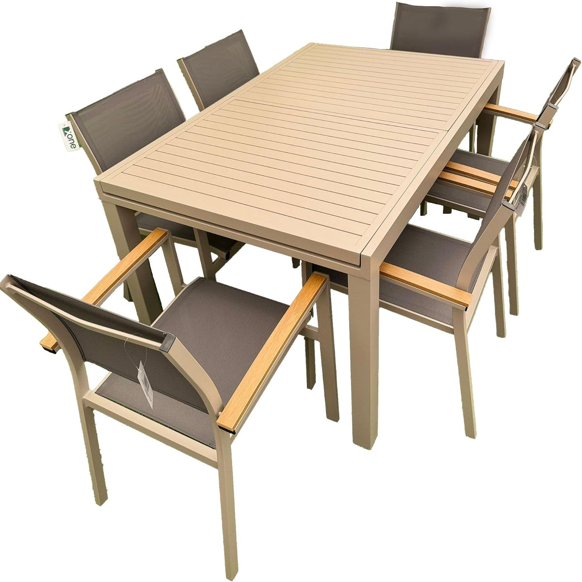 Set di mobili, 200x90 cm) + 6 sedie impilabili con braccioli, Top di Gamma, Tortora in Alluminio 1 Tavolo Estensibile (140, Set Grigio, XONE