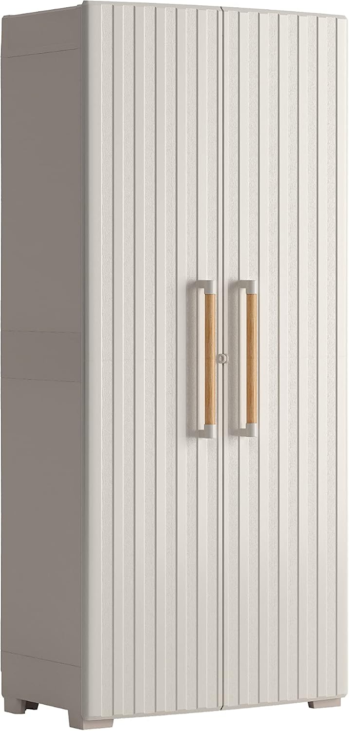 Armadio, Groove Portascope da Esterno, 80x45x180 H cm, Beige, Sabbia, Porte Effetto Legno, Keter IPX3