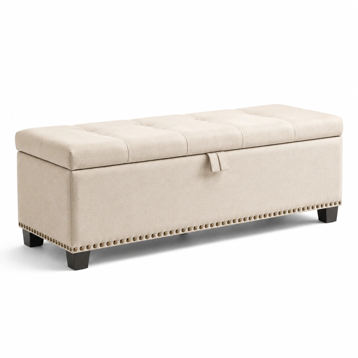 Cassapanca rettangolare in legno e tessuto beige con borchie