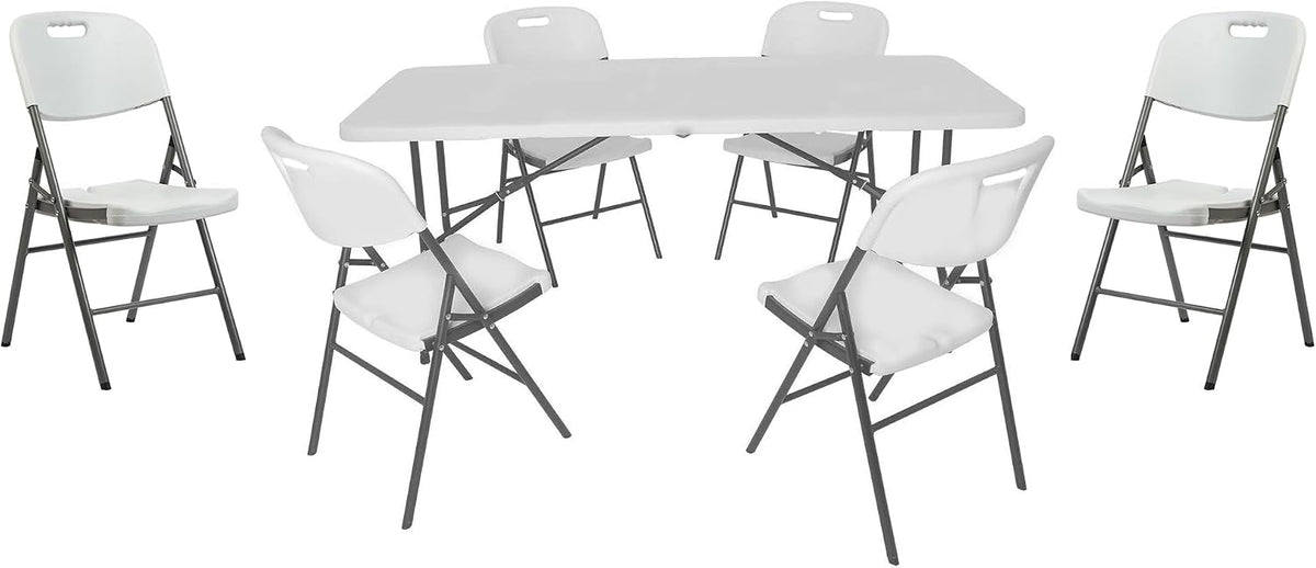 XONE Tavoli da picnic, Tavolo pieghevole + 6 Sedie bianco con struttura in metallo e piano in resina per interni e giardino