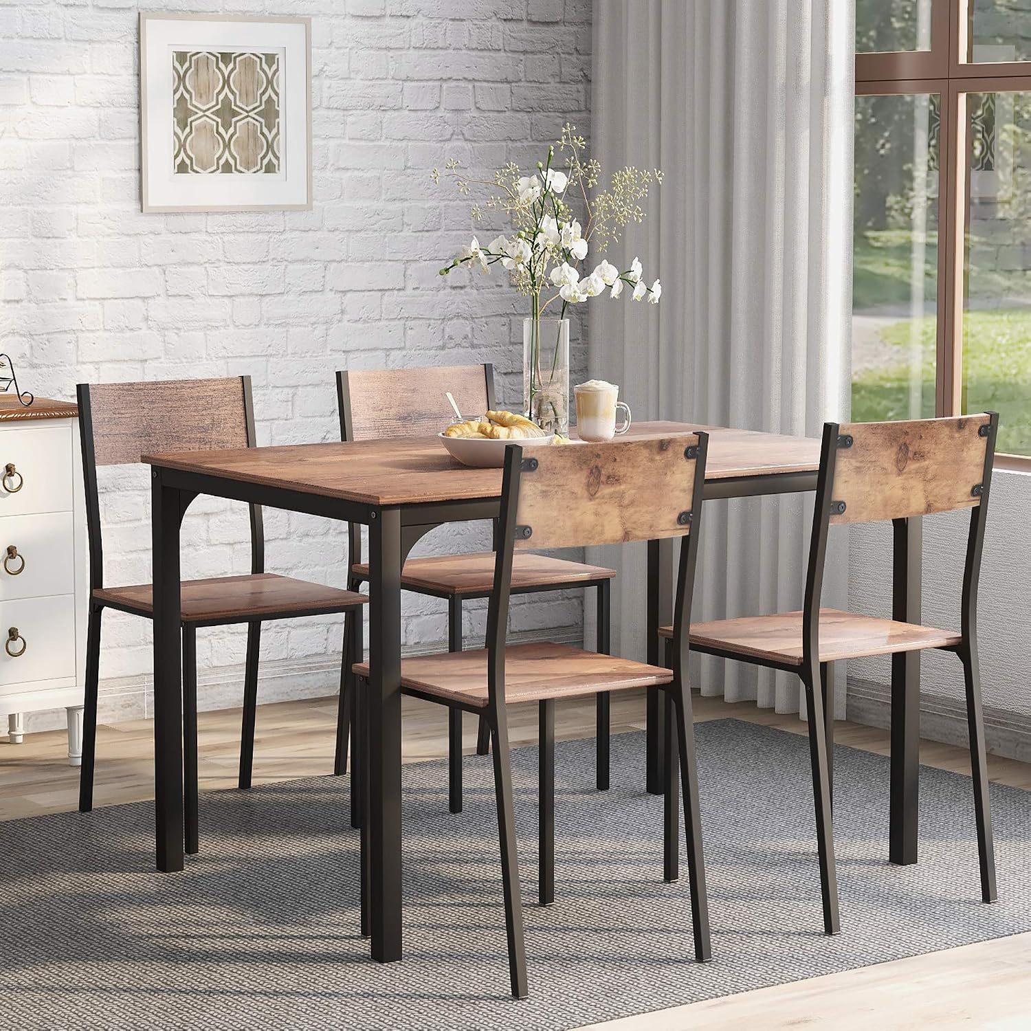 KAZZIO Set sala da pranzo, Tavolo da pranzo con 4 sedie, per balcone e sala da pranzo e soggiorno, colore: marrone vintage