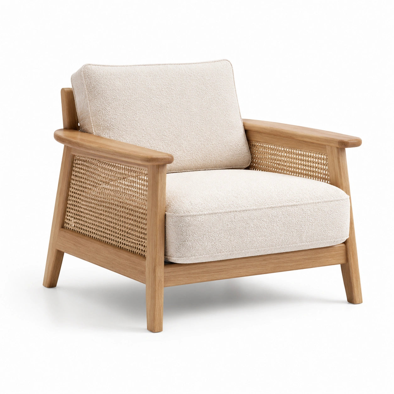 Poltrona in Legno Massello e Tessuto Bouclé Crema