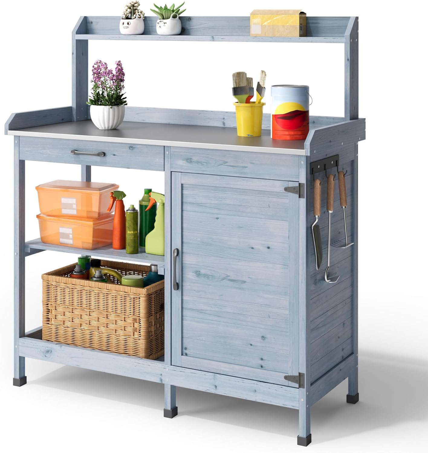 Tavoli per la germinazione, Tavolo per Piante, Terrazzo 112x46x125 cm Grigio, Tavolo Lavoro da Giardino in Legno Massello con Piano Lavoro, Blishom
