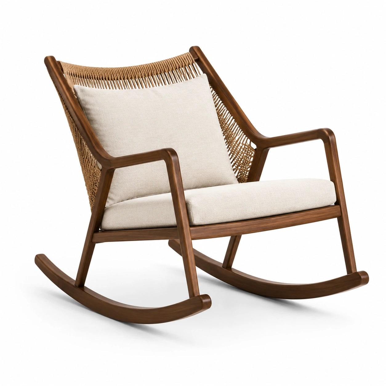 Sedia a dondolo in legno e corda con cuscini in tessuto beige