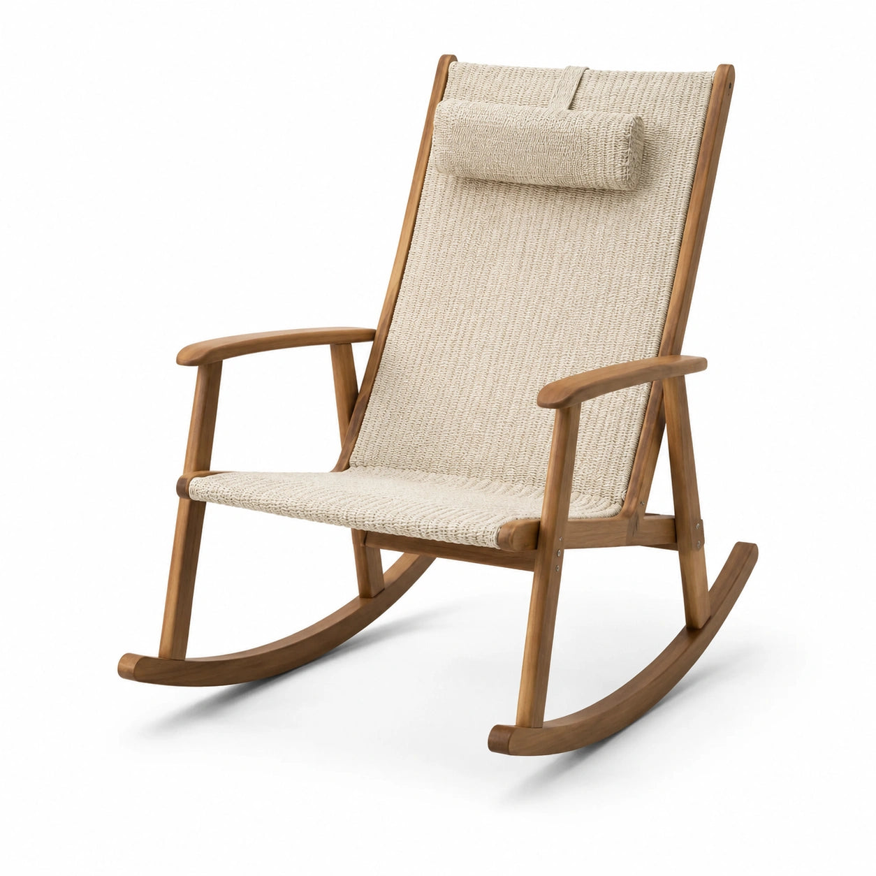 Sedia a dondolo in legno con seduta in corda di poliestere beige