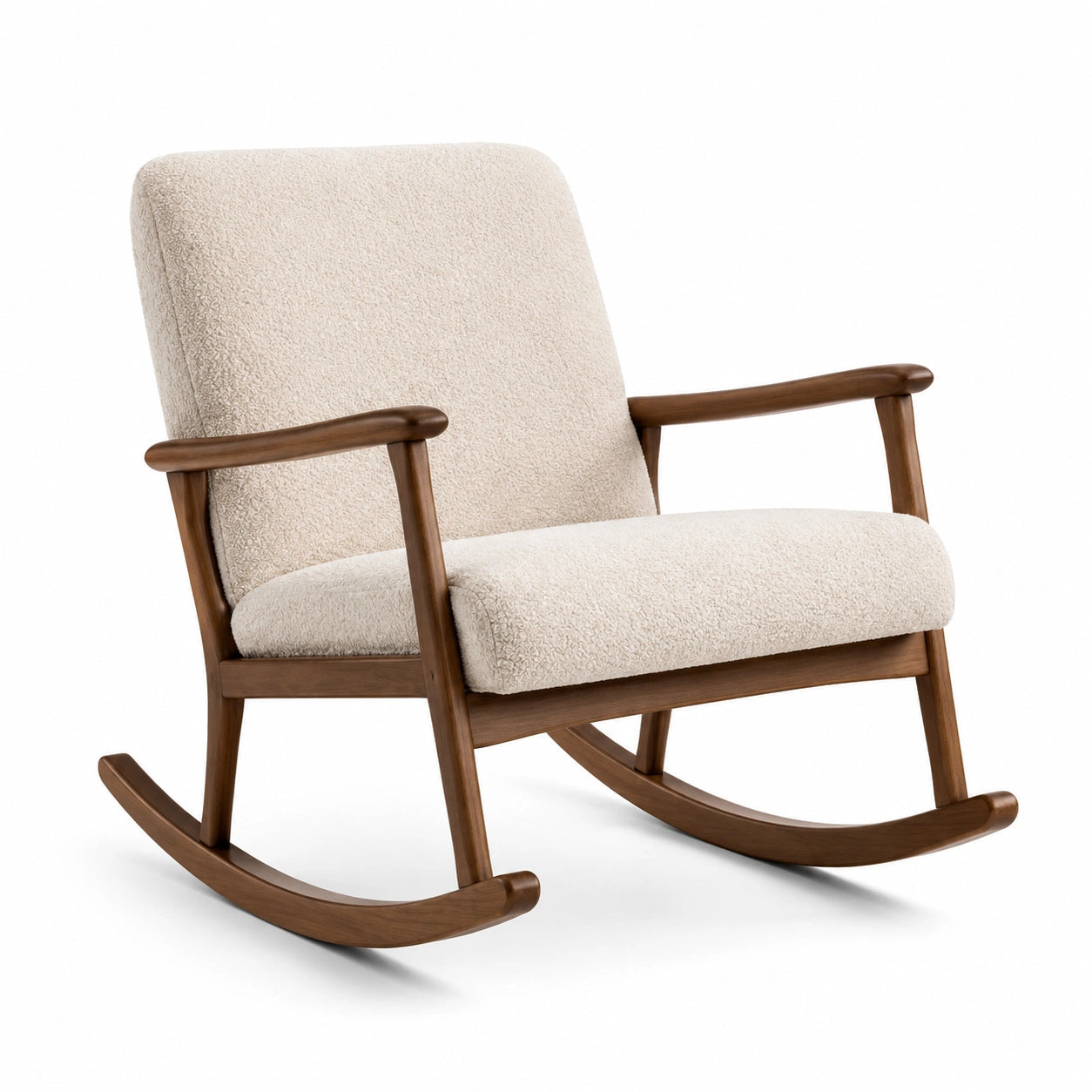 Sedia a dondolo in legno con rivestimento bouclé crema