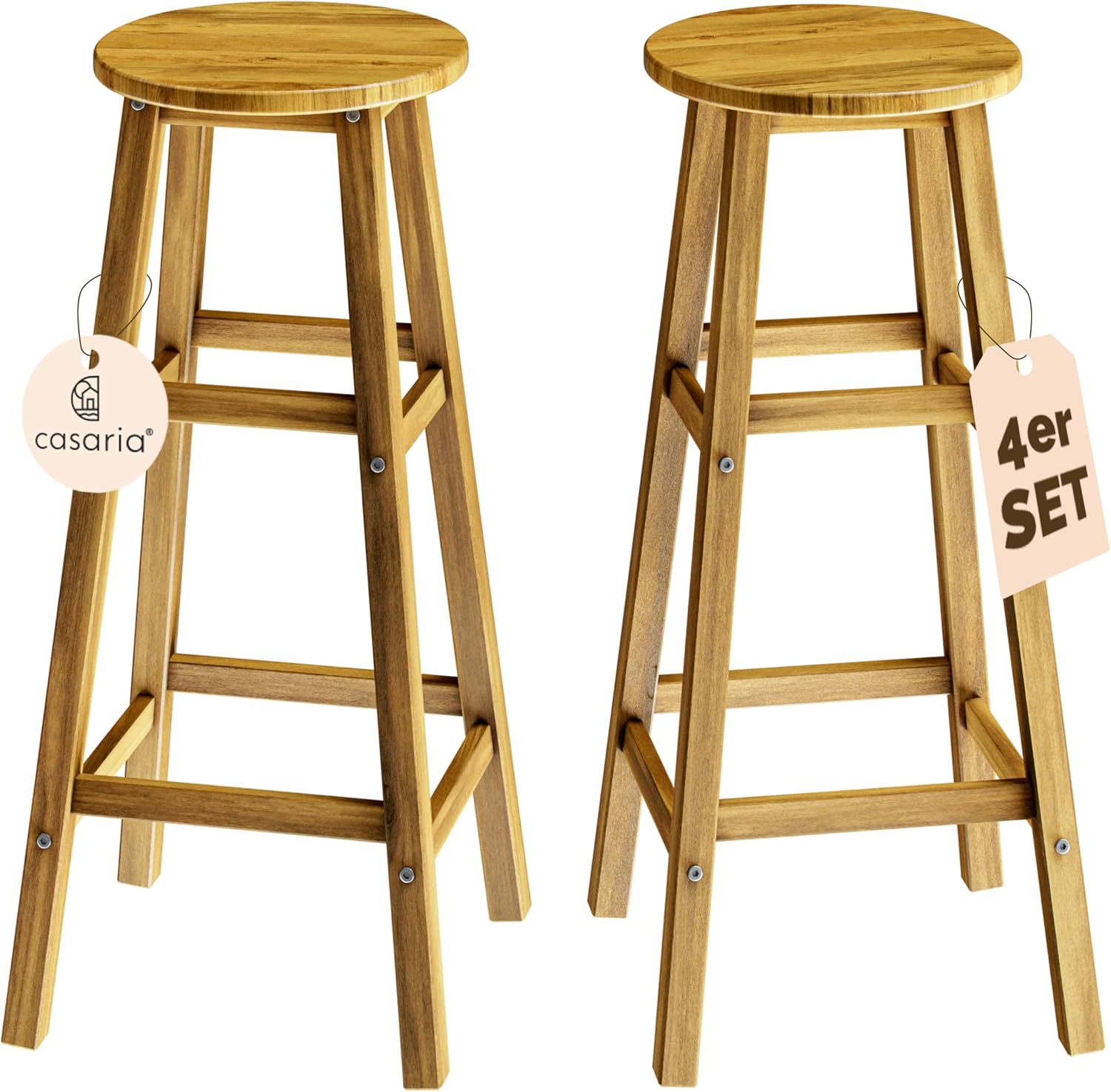 Casaria Sgabelli da bar, ® Set di 4 in Legno D'acacia Altezza 75 cm Design Rustico Sedia da Cucina Sgabello Tondo Bancone Poggiapiedi