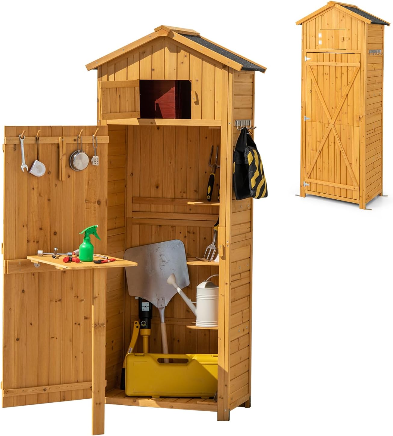 KOMFOTTEU Casetta da giardino, Scaffale, Capanno per Attrezzi Multifunzione, Armadietto da Giardino con Tetto a 2 Falde, in legno, Colore Naturale