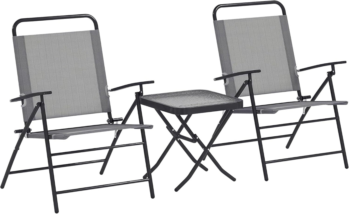 Set bistrò, Grigio, Cortile, Set da Giardino 3 Pezzi con 2 Sedie da Giardino Pieghevoli con Schienale Regolabile e Tavolo, Outsunny