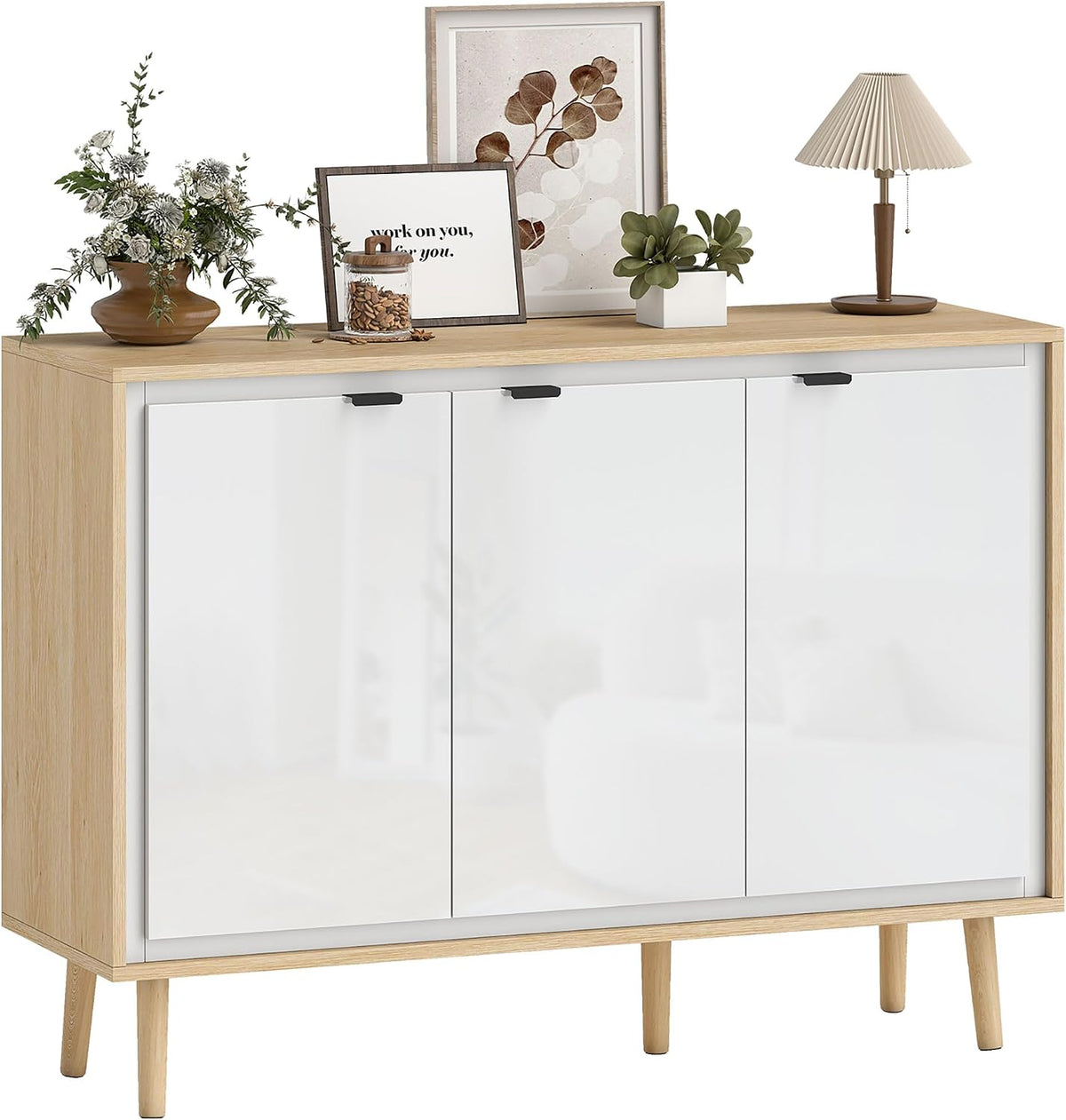 HOMCOM Credenza, Cucina con 3 Ante, Mobile Cucina Moderno con Ripiano Regolabile e Piedi in Legno, Buffet per Soggiorno, Bianco Lucido e Rovere