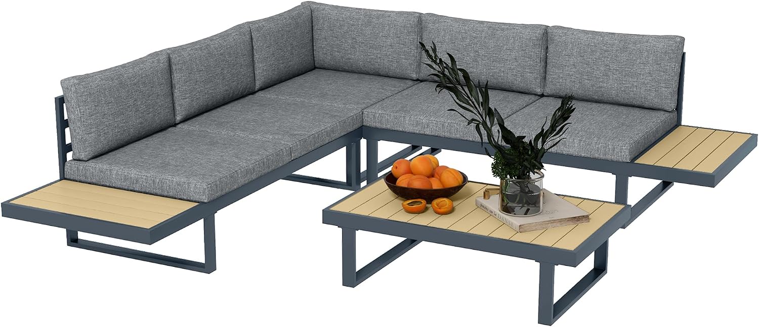 Set mobili da giardino, Set da Giardino 4 Pezzi in Alluminio e Poliestere, Grigio Scuro e Teak, Outsunny