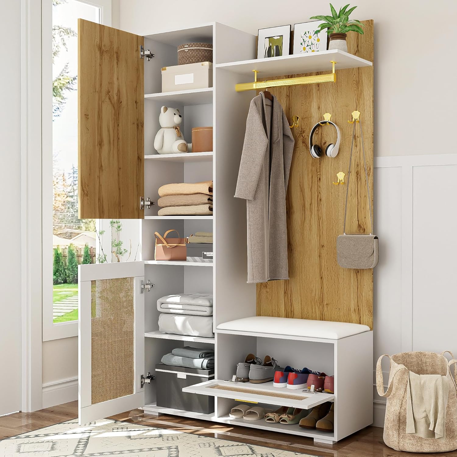 Moimhear Set arredo ingresso, 110 x 38 x 190 cm, 5 ganci dorati, armadio con specchio, scarpiera, appendiabiti da parete, Set appendiabiti