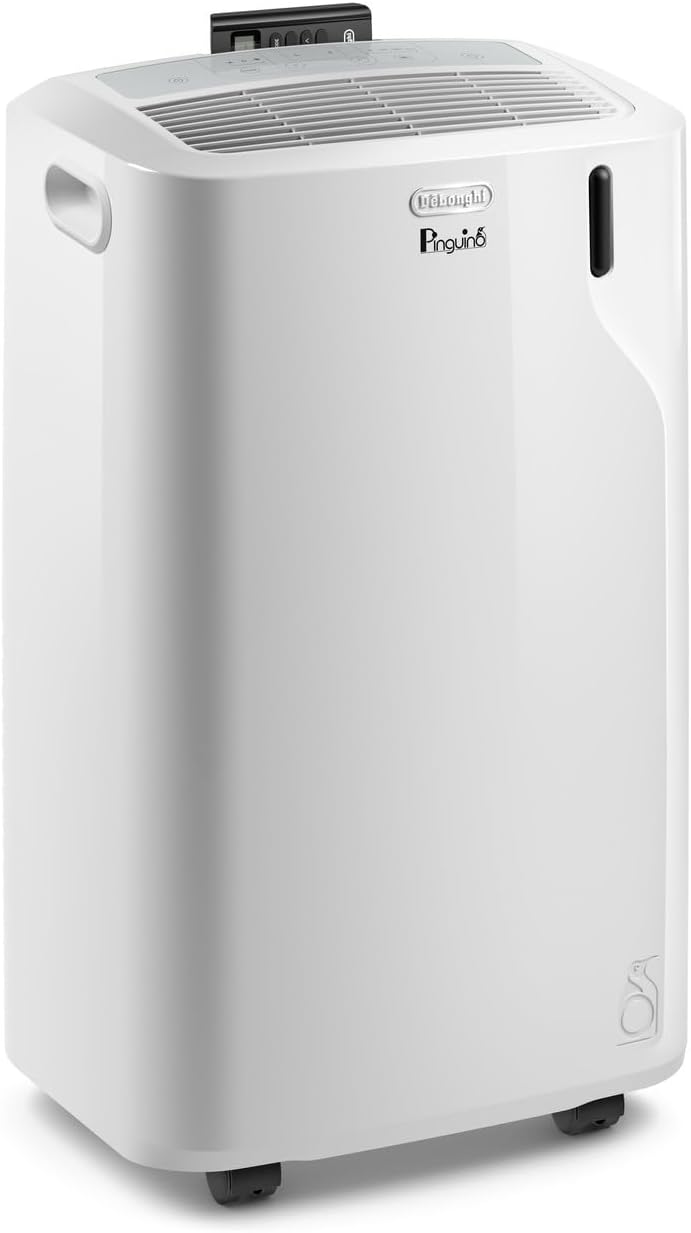 De'Longhi PACEM77 Condizionatore portatile, Silenzioso 9.000 BTU, 2.1 kW, 70m3, Gas R290, Timer 24 ore, Pinguino, Funzione Deumidificatore, Bianco