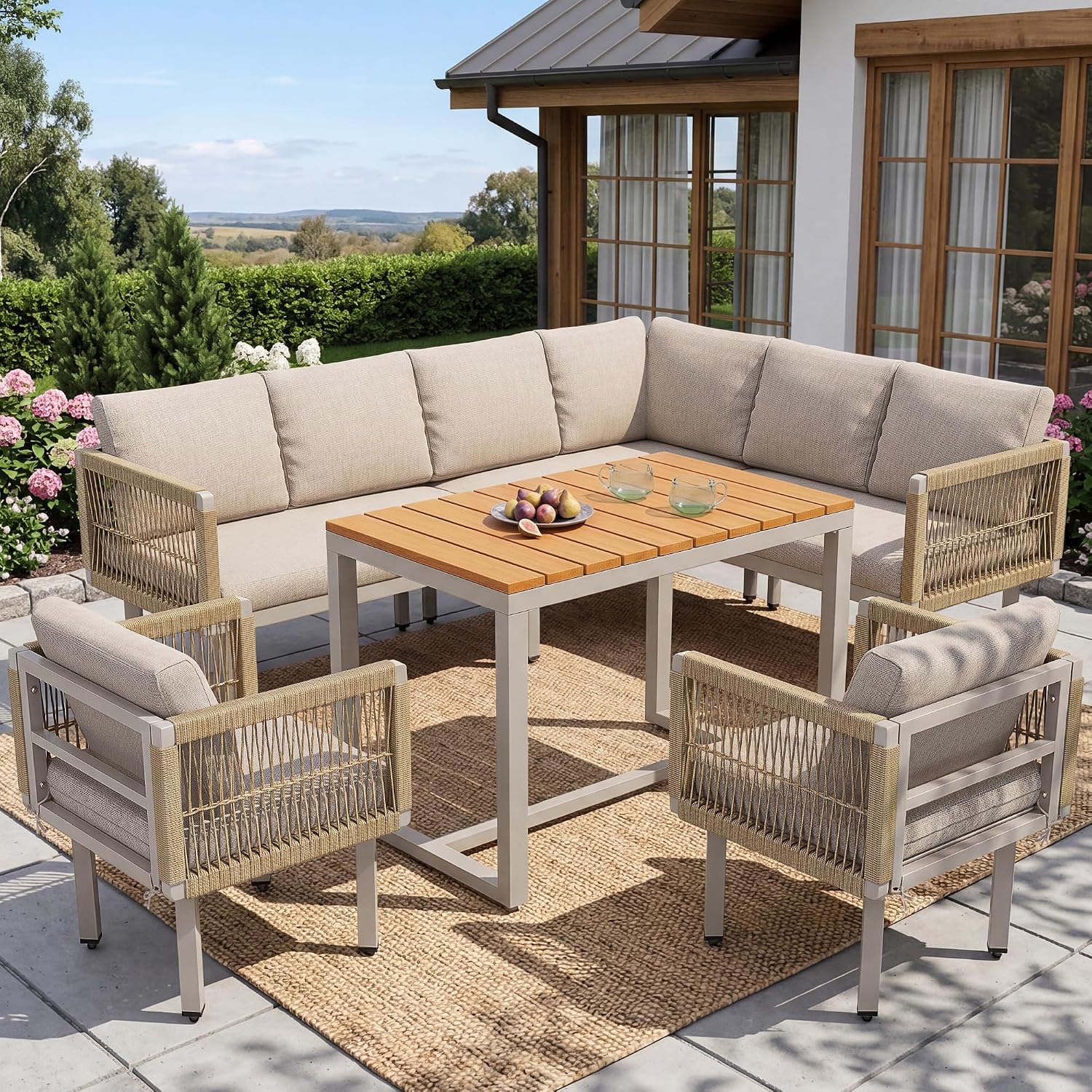 Yrxin Set mobili da giardino, design intrecciato, cuscini, lounge per esterni per balcone e terrazza, struttura in acciaio resistente alle intemperie