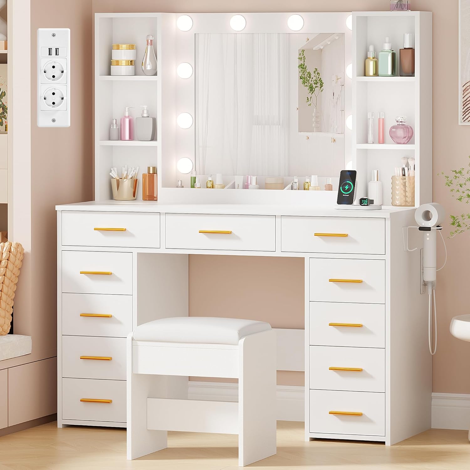 Toelette, 110 cm Toeletta da Trucco con Specchio Luci e Presa, Luminosità Regolabile, ANWBROAD BDT86W