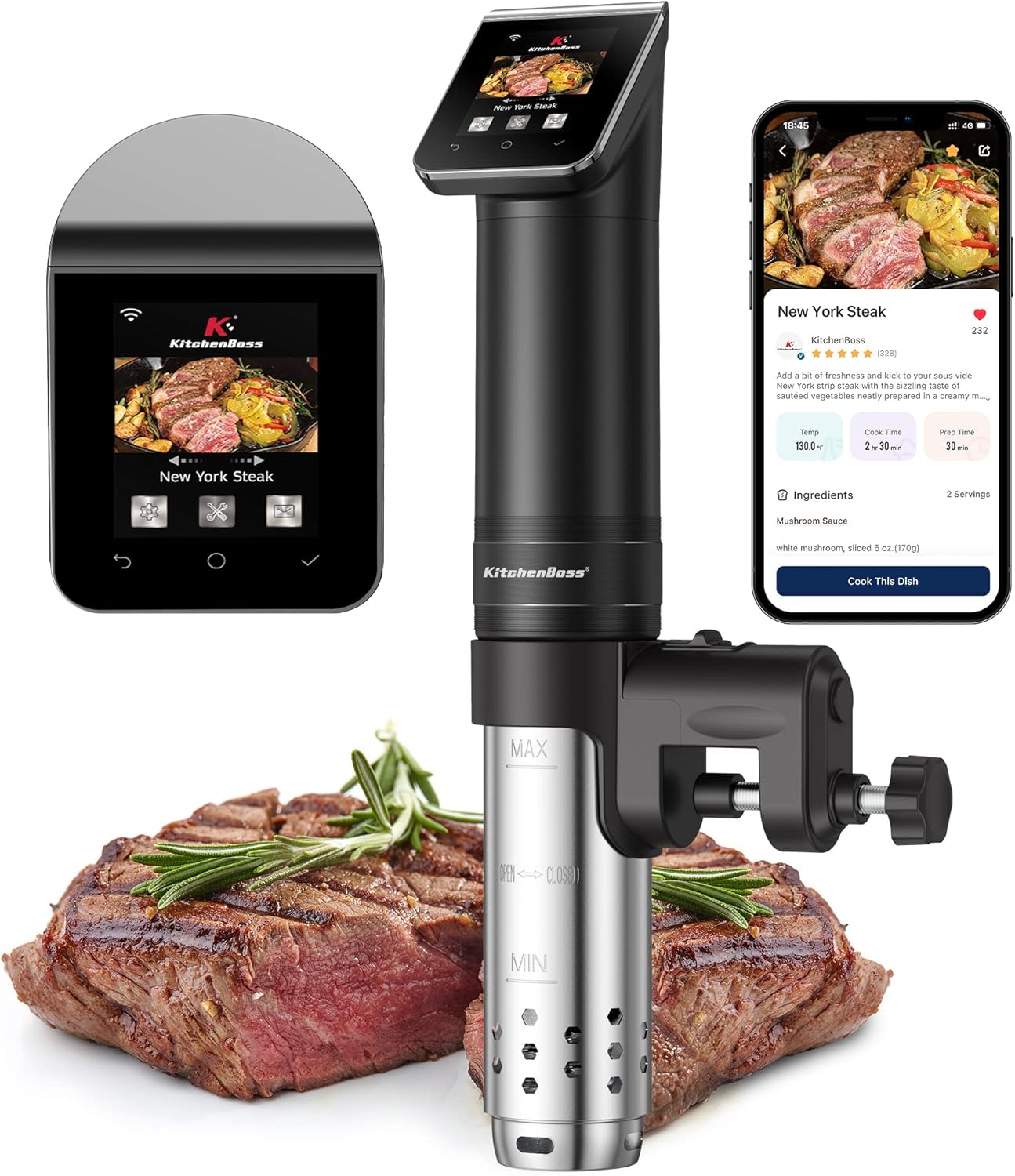 Macchine per cottura a bagnomaria, 40-90°C Cottura Bassa Temperatura, 1100 W, IPX7 Impermeabile, TFT, Silenzioso, APP, KitchenBoss G330