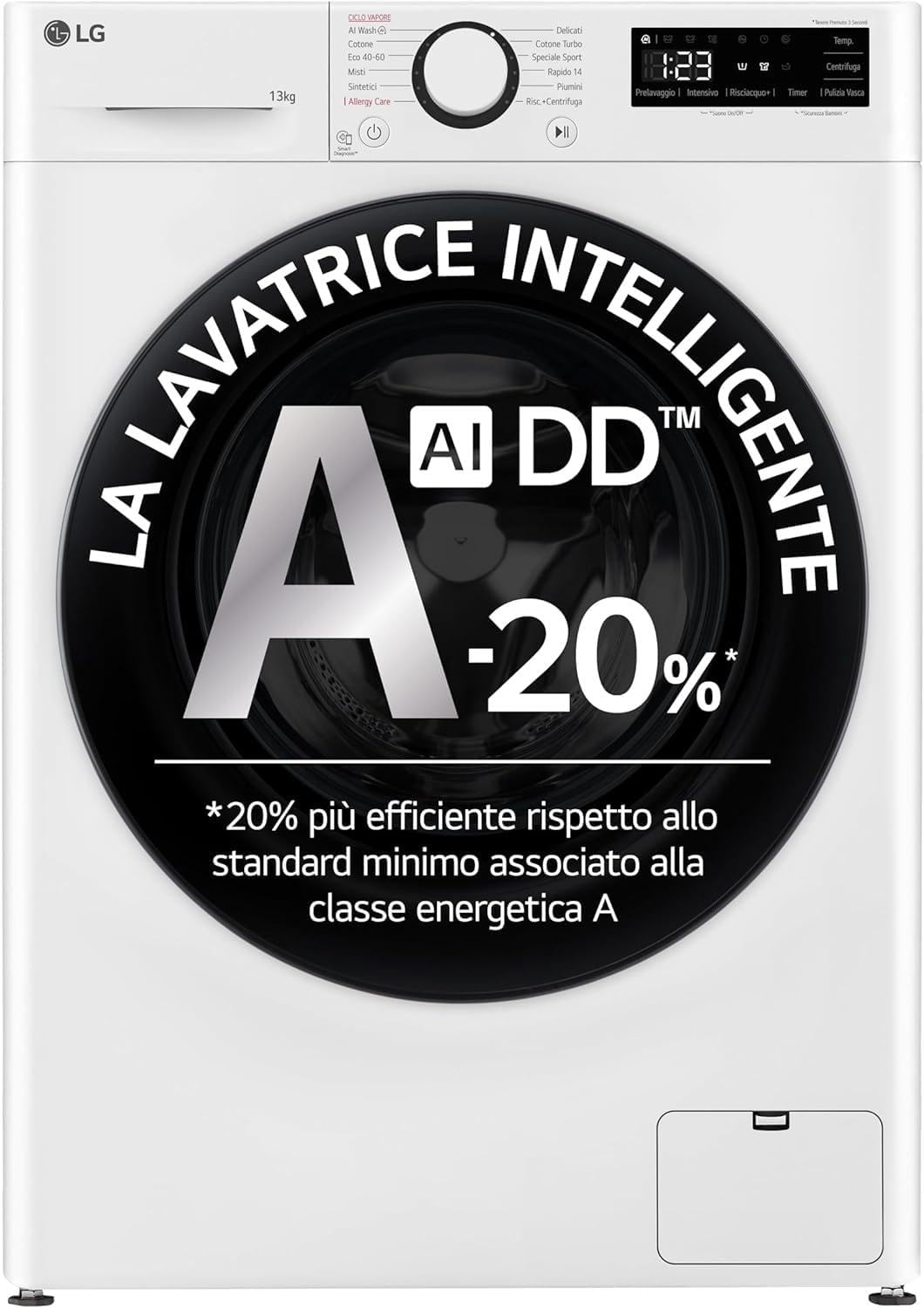 Lavatrice, AI DD a Carica Frontale 13 kg Serie R3, Classe A-20%, 1400 giri, AIWash, Lavaggio a vapore, Motore Direct Drive, Bianca, LG F4R3013NSWB