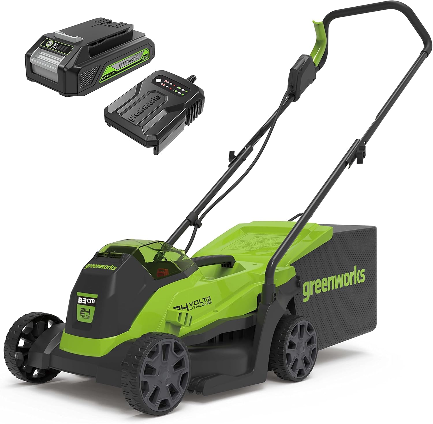 Greenworks -GD24LM33K2 Tosaerba, GD24LM33K2, Ampiezza di Taglio 33 cm, 24 V a Batteria con Motore Brushless per Piccoli Prati Fino a 140m2
