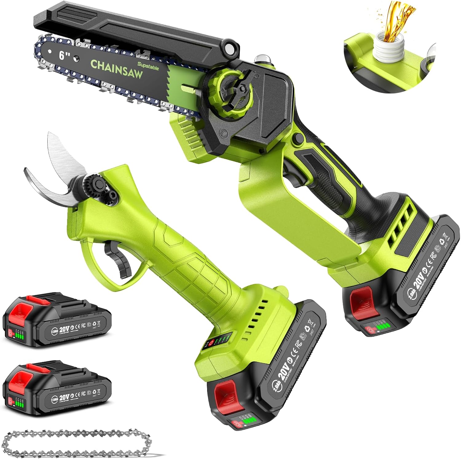 Motosega, Ideale per Taglio di Tronchi e Rami, Motore Brushless, Mini a Batteria 6 Pollici & Forbici Potatura a Batteria 33 mm, Supstable