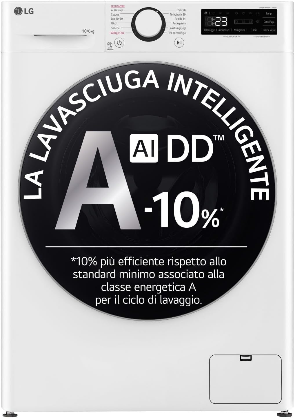 LG D4R5010TSWS Lavatrice, e Asciugatrice Insieme, Steam, Eco Hybrid, Bianca, AI DD Lavasciuga 10, 6 kg Serie R5 Classe A-10%, 1400 giri, TurboWash360