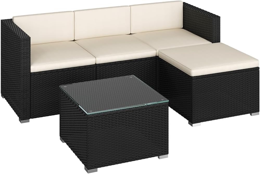 Yaheetech Set mobili da giardino, Beige, 2 Divani Angolari, Divano Poggiapiedi con Cuscini e Tavolo Laterale per Patio Balcone e Terrazza Nero
