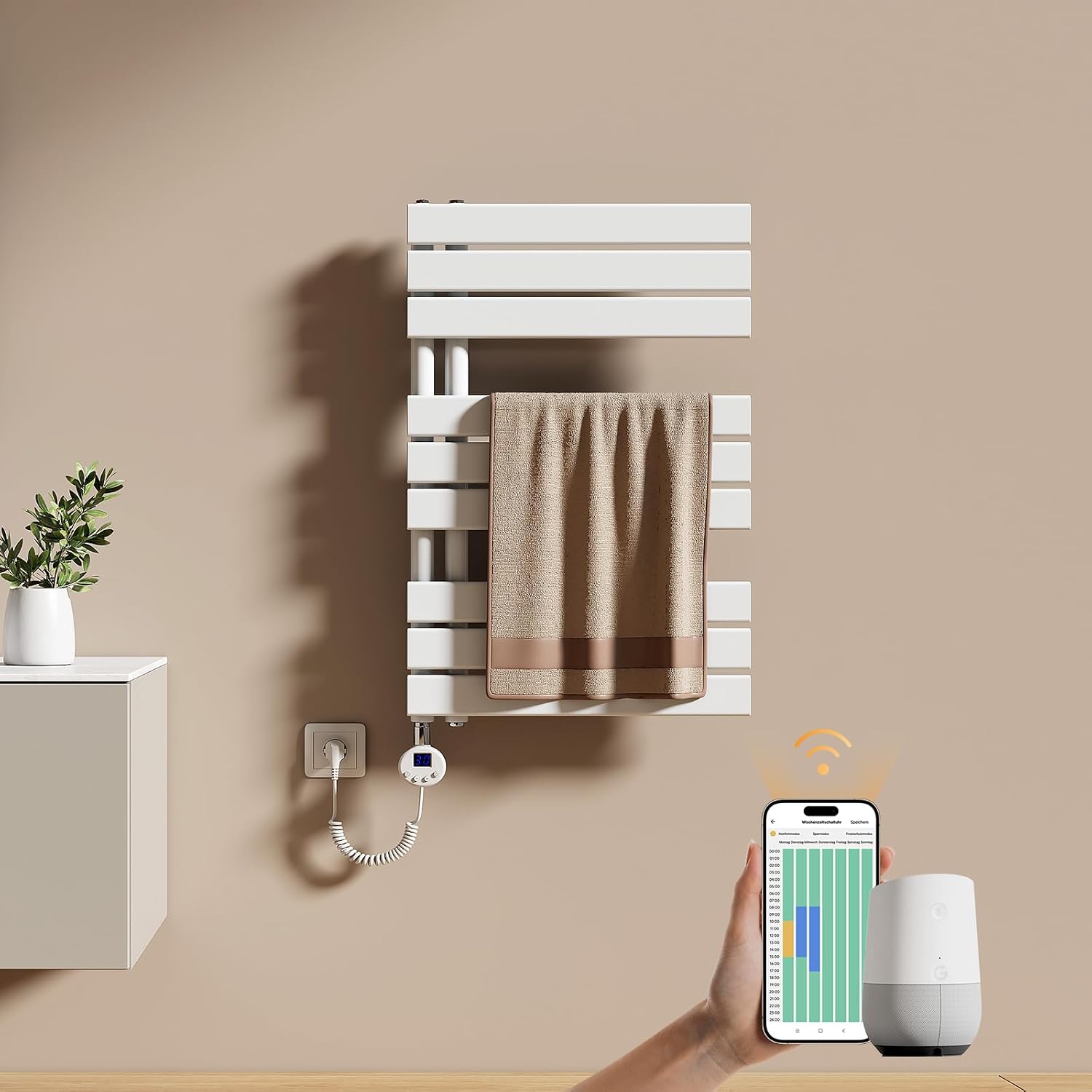 EMKE IP44 Scalda asciugamani da parete, Scaldasalviette a Basso Consumo, Resistenza Riscaldante con Timer, Termoarredo Bagno, 400 W Bianco