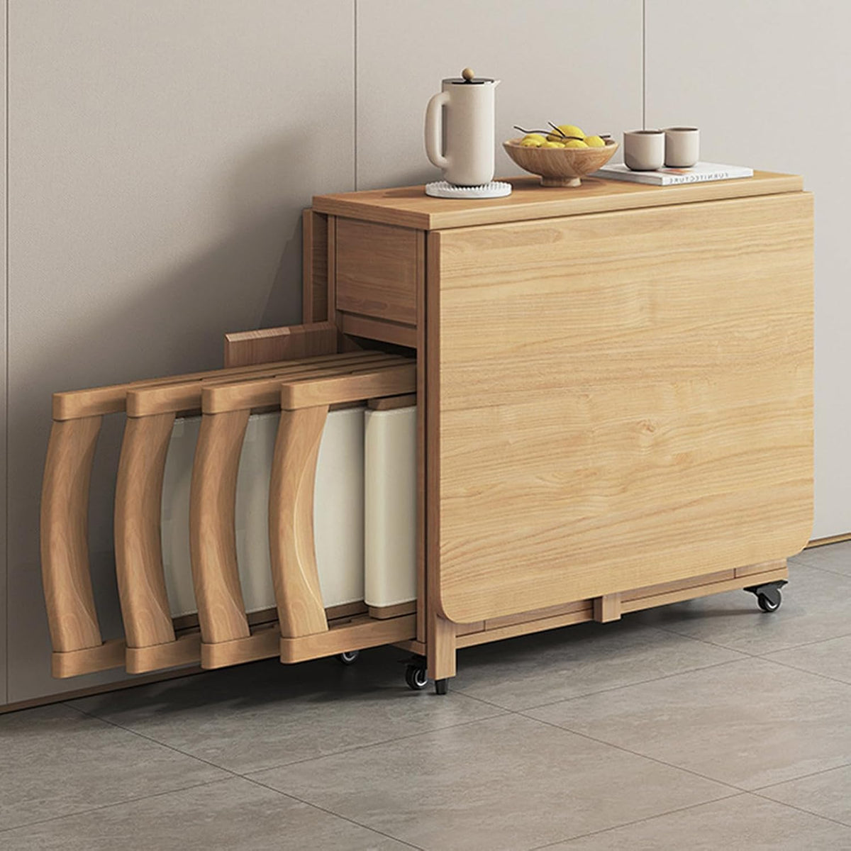 Tavoli da sala da pranzo, Tavolo Ribaltabile con 4 Sedie, Beige, Tavolo Pieghevole in Legno Massello, Set Tavolo da Pranzo, Ailler
